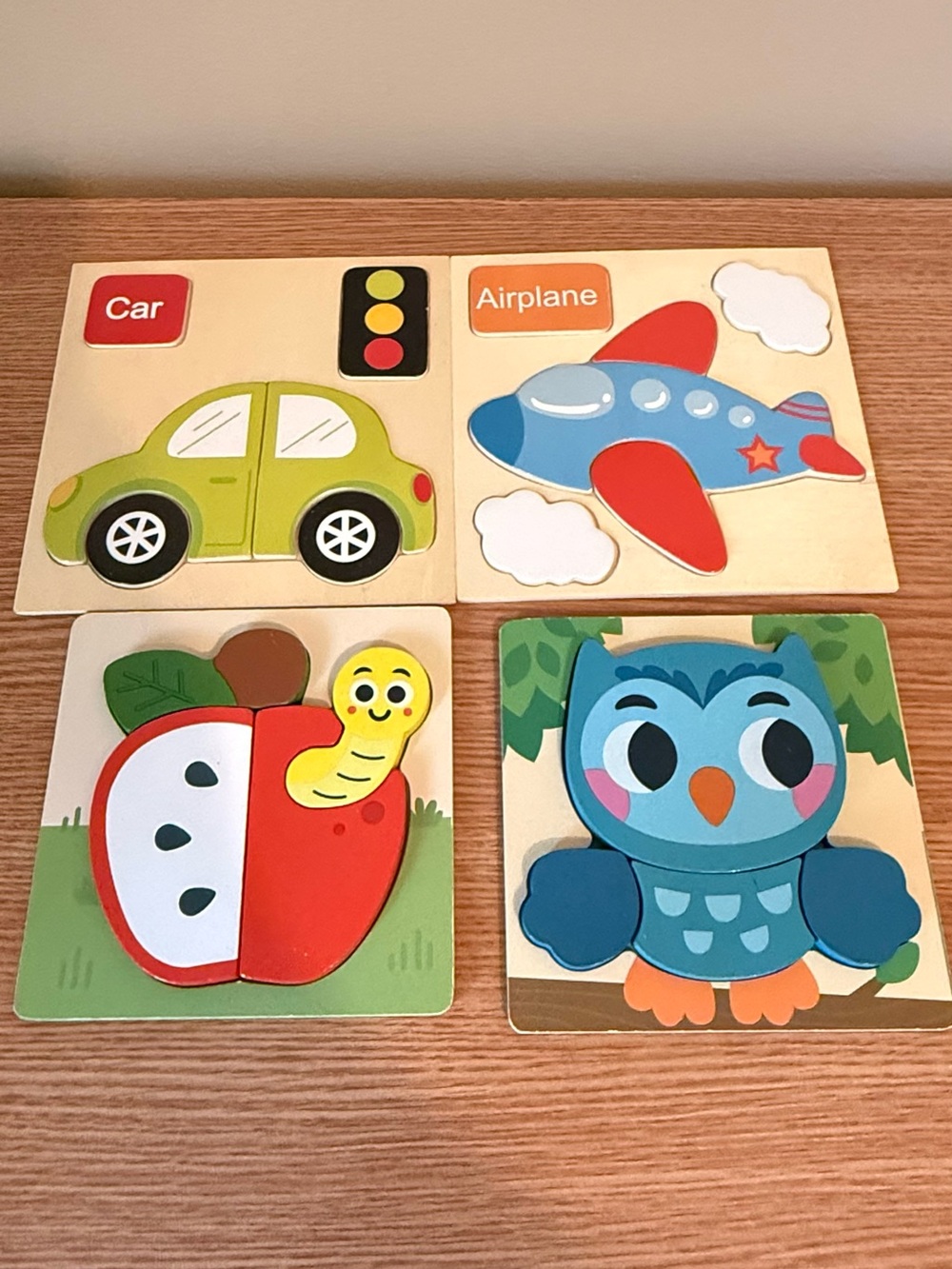 Kids Wooden Puzzle Set - Blue Owl, Red Apple, Green Car, Blue & Red Airplane